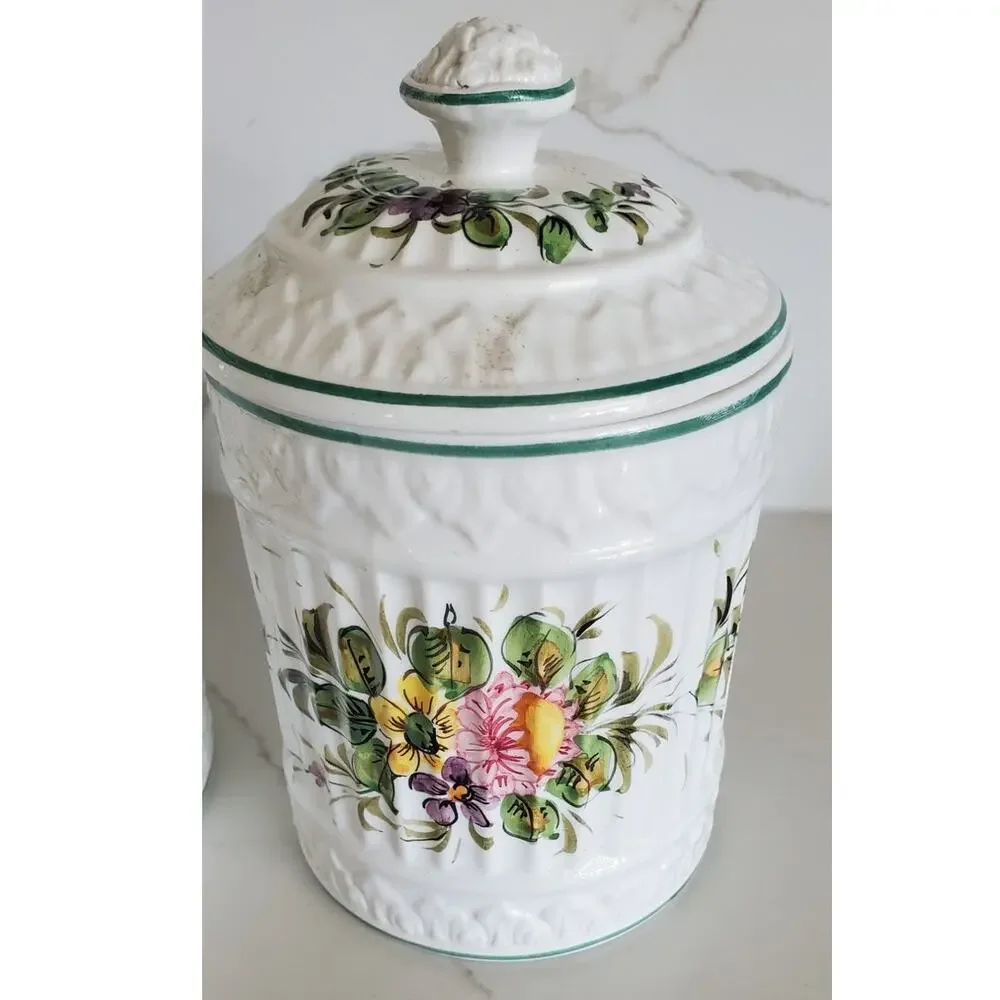 Vintage Mid-Century Set of 4 Italian Floral Ribbed Canister Set with Lids